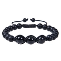 Detail of adjustable braided bracelet with matte onyx beads and polished center accents - Obsidian Bracelet