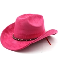 Detail of magenta faux suede cowboy hat with woven band and red bead accents - M (56-58cm) / Rose Red