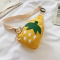 Kids strawberry shaped yellow canvas chest bag with green leaves and beige strap - Yellow Strawberry