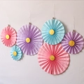 6-pack of pink purple and blue paper fans with gold centers for wedding decor - 6pcs Set with Glitter Disk