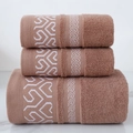 Three-piece brown cotton towel set with white geometric heart pattern and plush texture - Maze Heart Pattern Hand Towel (Coffee) / 34*74cm