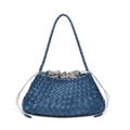 Blaue handgewebte Leder-Einkaufstasche mit Kordelzug-Innentasche und geflochtenem Gurt - Doria Blau
