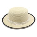 Detail of beige flat top straw hat with floral pearl band and black contrast edge trim - Beige Flower Pearl Style