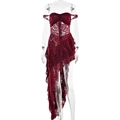 Red lace strapless dress with irregular ruffle hem and side trail shown on mannequin - Burgundy