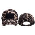 Detailed view of leopard print baseball cap with black flag patch and distressed brim. - Leopard Print