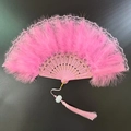 Elegant pink feather lace folding fan with decorative tassel for vintage performances - Lace Pink