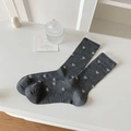 Breathable dark grey crew socks with white bow pattern and delicate lace trim for women - One Size / Dark Gray