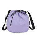 Purple nylon drawstring bucket bag with adjustable black shoulder strap and logo label - Violet