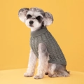 Gray cable knit pet sweater for small dogs shown on a Schnauzer with a yellow background - Gray