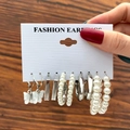 Vintage gold geometric earring set with pearls and butterfly charms for women - E094/Silver Series / Silver/White