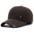 Dark brown herringbone wool baseball cap for men featuring a metal logo and fashion tag - Coffee