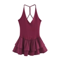 Detail of burgundy backless dress with adjustable crisscross straps and ruffled hem - Fuschia