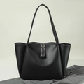 Klassische schwarze Leder-Shopper-Tasche mit weißen Nähten und Doppelreißverschluss - Schwarz