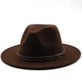 Close-up of the dark brown wool fedora hat featuring a leather strap and metal buckle - M (56-58cm) / Coffee