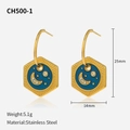 Gold stainless steel hexagonal earrings with celestial blue drip oil design and stars - Gold Earrings (CH500-1) / Gold