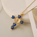 Classic 18K gold plated cross necklace with blue heart gems and virgin mary center - Blue