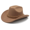 Detail of brown wool cowboy hat with woven band and metal eyelets on white background - M (56-58cm) / Khaki