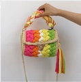 Handmade multi-color woven handbag featuring vibrant knit patterns and a gold chain strap - Pink Orange Yellow Green