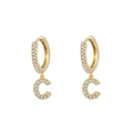 Minimalist gold hoop earrings with letter C charm and sparkling zircon crystals - Letter C / Gold