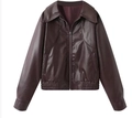 Modische braune Kunstlederjacke mit Vintage-Reverskragen und elastischem Saum für Damen - S / Burgunderrot