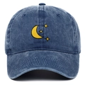 Blue washed denim baseball cap with yellow moon and stars embroidery on white background - Adjustable / Navy Blue