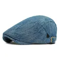 Classic blue denim beret with vintage jacquard pattern and bronze adjustable side buckle - Medium Blue