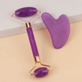 Purple marble resin facial roller and heart-shaped gua sha set with rose gold metal parts - Resin Roller + Haze Purple Gua Sha Board