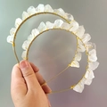 Detail of handmade gold wire wrapping on clear raw crystal quartz headbands - Clear Quartz Gold Wire Gold Headband