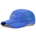 Close-up of breathable mesh side and UPF 50+ sun protection mark on the blue outdoor cap - Adjustable / Blue