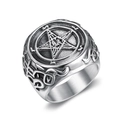 Vintage stainless steel signet ring with pentagram star and punk style relief carving - US 7 / Polished Steel (10402)