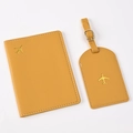Mustard yellow PU leather passport holder and luggage tag set with gold airplane foil - Ginger Yellow Airplane