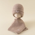 Camel knitted baby hat and scarf set with white heart embroidery and ribbed texture - Set / Khaki