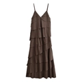 Vestido largo marrón con volantes escalonados, escote en V y espalda abierta en blanco - XS / Marrón Oscuro