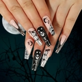Unghie finte per Halloween con scheletro, zucca e ragnatela dipinti a mano con stile - Stile Halloween Dipinto a Mano (JP2499)