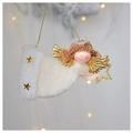 Detailed macro view of plush angel ornament with golden wings and a hanging string - Star Horizontal