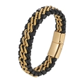 Men's double layer black braided leather bracelet with gold chain and magnetic clasp - 18.5cm / Gold + Gold