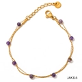 Double-layered golden stainless steel bracelet with round purple natural stone beads - Purple Natural Stone Anklet (JAK316)
