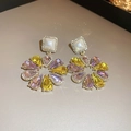 Detail of flower earrings with yellow and purple crystals and square pearl studs - Silver Earring Post Earrings / Purple & Yellow