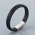 Double-layer black braided leather bracelet for men with silver stainless steel magnetic clasp - Steel Color Magnetic Buckle Style (KB51334-D)
