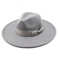 Detail of grey wool fedora hat with flat wide brim and decorative satin ribbon bow - M / Gray