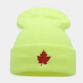 Close-up of red maple leaf embroidery on a neon yellow-green ribbed knit beanie hat - M (56-58cm) / Neon Yellow