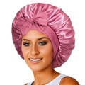 Pink satin sleep bonnet with bow detail and elastic band for luxury hair care - Medium Single Layer Ribbon / Dark Mauve