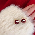 Macro shot of red plush monster earrings with gold horns and white furry sleeve detail - 9# Silver Needle - Red Furry Monster Big Eyes