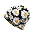 Bonnet tombant avec motifs de marguerites blanches sur tricot noir doux pour femmes et hommes - M (56-58cm) / Noir