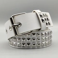 Punk white leather belt with three rows of silver pyramid studs and metal buckle - White
