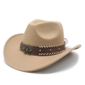 Khaki Western cowboy felt hat with leather strap and vintage metal star badges - M (56-59cm) / Camel