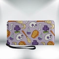 Lilafarbene PU-Leder-Clutch mit Halloween-Totenkopf-Motiv und praktischer Handschlaufe - Lila Halloween-Muster (QB-038)