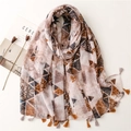 Elegantly draped floral and geometric paisley scarf with tassels and caramel color tones - Brown Retro Geometric