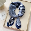 Elegant navy and beige geometric silk scarf with triangular patterns and contrast border - Blue Triangle Geo