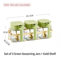 Kitchen spice jar set with 3 dark green glass canisters and golden metal storage rack - Set of 3 + Gold Rack / Warm Green